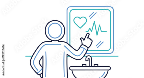 Person touching smart mirror displaying heart rate and health data in bathroom, promoting wellness and technology integration in daily life.