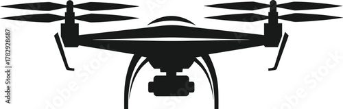 Modern quadcopter drone silhouette vector illustration, aerial photography technology, unmanned aerial vehicle design, isolated black drone icon for engineering, surveillance, and innovation concept