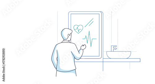 Man drawing heart rate monitor on smart mirror in bathroom, visualizing health data and wellness with a futuristic and clean aesthetic.