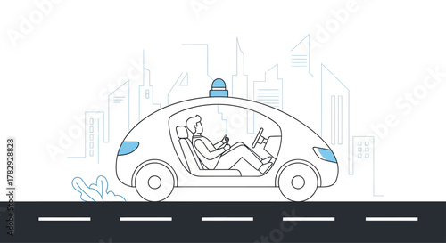 Autonomous car drives on city road with passenger inside, showcasing future transportation and innovative technology in a clean, minimalist style.