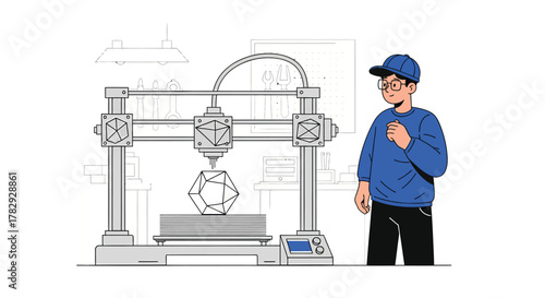 Young man watches 3D printer create geometric shape in workshop, showcasing modern technology and innovation in a clean, minimalist style.