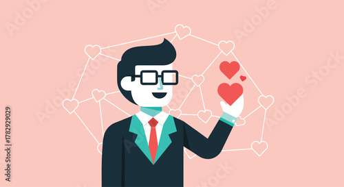Businessman holding red heart in hand surrounded by network of hearts on pink backdrop symbolizing love and connection in business, romantic theme.