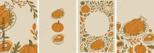 Hand-drawn Thanksgiving frame set – cozy fall invitation templates with festive holiday food