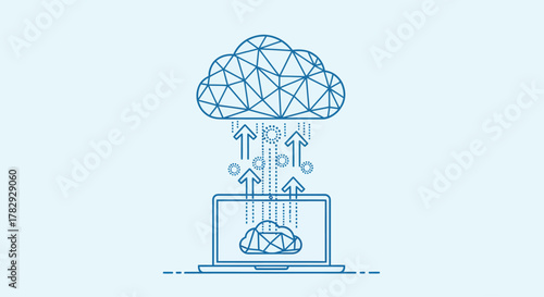 Laptop uploading data to cloud storage with arrows indicating transfer in a clean, modern style, showcasing connectivity and data management.