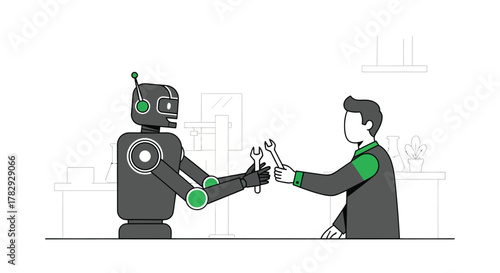 Robot hands wrench to human in modern office setting, symbolizing collaboration and future technology, with clean lines and minimalist aesthetic.