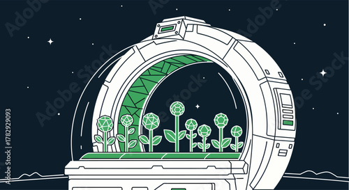 Smiling plants grow inside futuristic biodome on moon surface, symbolizing hope and sustainability in space exploration.