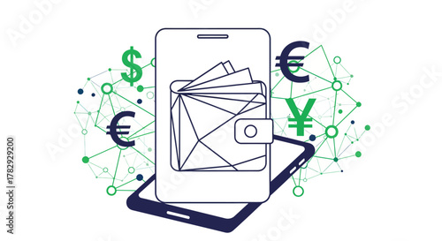 Digital wallet on smartphone displays currencies and transactions in modern financial technology, representing seamless online banking and global payments.
