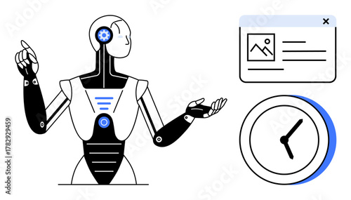 Humanoid robot gesturing towards a browser window and clock, representing artificial intelligence, automation, time efficiency. Ideal for technology, innovation, AI concepts, automation, scheduling