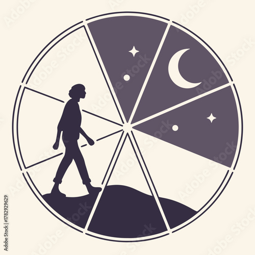 Person Walking in a Circular Infographic With Moon and Stars
