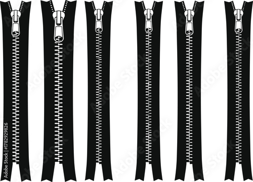 Realistic zipper vector illustration set, metallic zippers collection, garment accessory elements for fashion design, sewing materials, and clothing detail decoration.