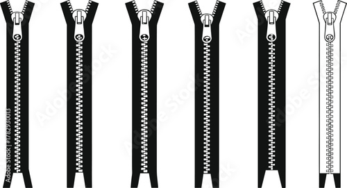 Realistic zipper vector illustration set, straight zip fastener collection, metal and plastic zipper designs for clothing, fashion, sewing, garment, and textile design.