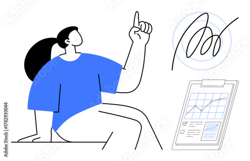 Person pointing upward signifying an idea, clipboard displaying charts and graphs, ink signature. Ideal for business, innovation, planning, analytics, agreements, brainstorming minimal concept