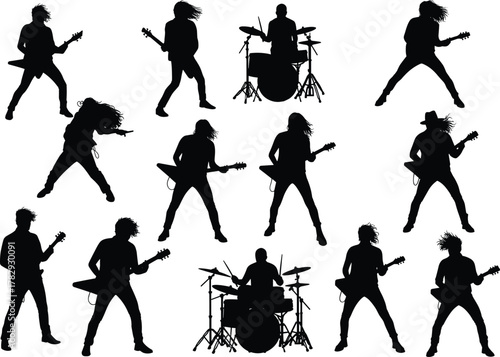 Rock band guitarist and drummer silhouettes performing on stage, energetic music concert vector illustration, heavy metal performance artwork isolated on white background