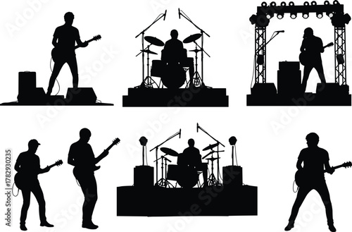 Rock band silhouette vector illustration, live concert musicians performing on stage with guitars and drums, music festival scene, entertainment show concept design