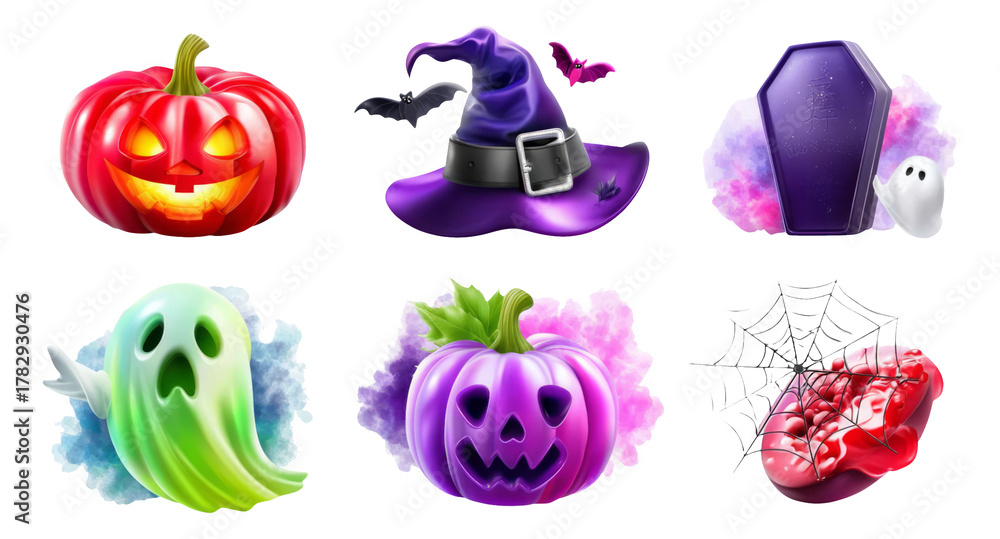 Fototapeta premium Halloween Themed Isolated Objects Featuring Pumpkins, Ghosts, and Decorations