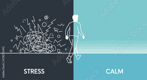 Person transitions from chaotic stress to serene calm, symbolizing mental health journey and emotional wellbeing with mindful steps forward.
