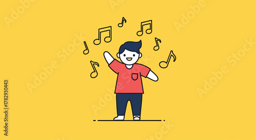 Happy boy dancing with musical notes floating around him on a yellow surface, expressing joy and freedom through music.