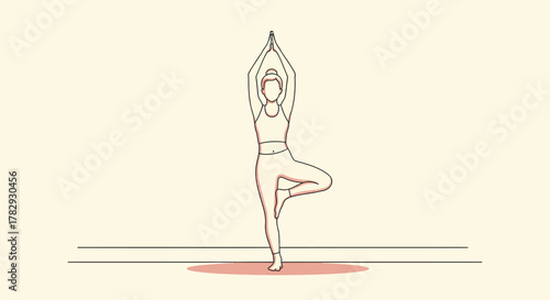 Woman practicing tree yoga pose indoors on mat with hands raised above head for balance and mindfulness.