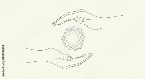 Hands protect geometric shape hovering between them, symbolizing balance and harmony in a minimal, ethereal style.