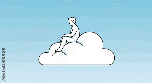 Man sitting on a cloud in the sky contemplating life and the future with a peaceful and serene feeling, symbolizing dreams and aspirations.