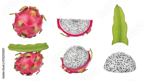 Vector illustration of collection of dragon fruit pieces and whole fruit on a white background