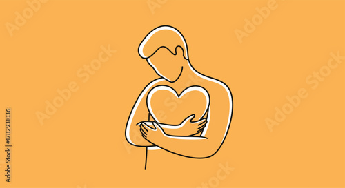 Man embraces heart in minimalist line art style on orange backdrop, symbolizing selflove and emotional wellbeing with a modern aesthetic.