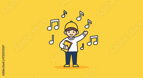 Boy wearing a hat sings and waves his hand surrounded by musical notes on a yellow stage, expressing joy and passion for music.
