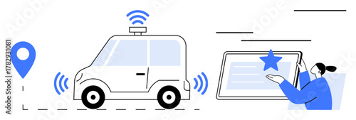Self-driving car with wireless signals, GPS pin, tablet interface and user interaction. Ideal for technology, AI, innovation, transportation, autonomy navigation smart systems. Simple flat metaphor