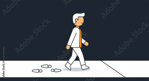Man walks alone on sidewalk at night, leaving footprints behind him, creating a sense of solitude and mystery.