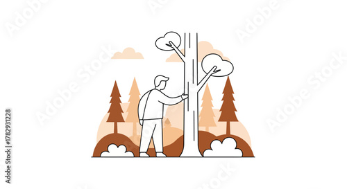 Man hugging a tree in a forest, showing love and connection with nature in a peaceful and serene scene.