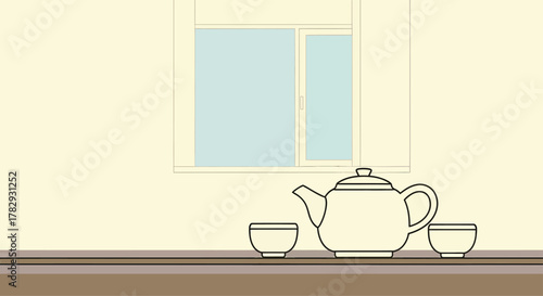 Ceramic teapot and cups sit on a shelf in front of a window, creating a peaceful and minimalist scene in a cozy home, evoking tranquility.