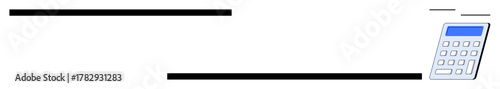 White calculator with blue screen next to parallel black lines, symbolizing simplicity in calculations. Ideal for accounting, finance, budgeting, analysis, business, organization, simple flat