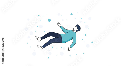 Man floating weightlessly in empty white space surrounded by small blue spheres, conveying a sense of freedom and peaceful isolation.