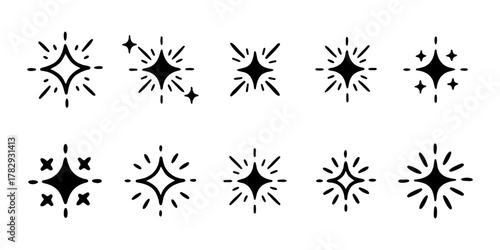 Set of Hand Drawn Sparkle and Shine Icons Collection Black Doodle Vector