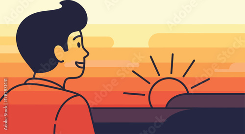 Man looking at the sunrise over the ocean, enjoying the peaceful morning and the beauty of nature, feeling hopeful and optimistic.