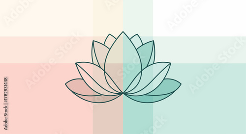 Lotus flower blooming in pastel colored quadrants representing balance and harmony in a minimalist style, evoking tranquility and peace.