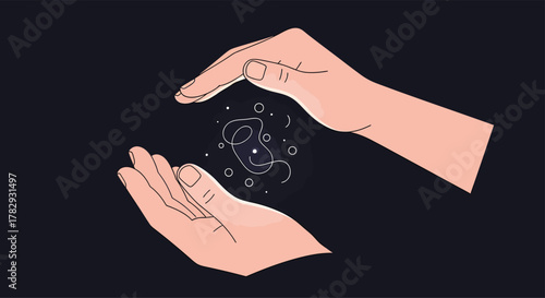 Hands protectively surround a delicate molecule on a dark backdrop, symbolizing care and scientific innovation in a minimalist style.