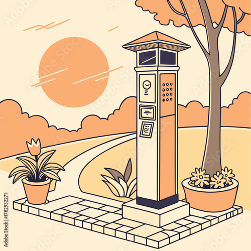 Illustrated solar wayfinding pillar in a park setting