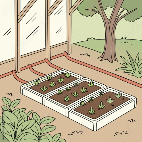 Greenhouse with garden beds for planting and geothermal heating