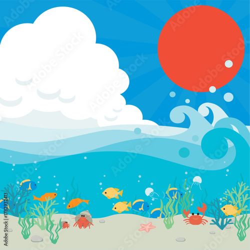 夏の太陽と空、美しい海で魚が泳ぐ賑やかな海底の様子を描いたベクターイラスト