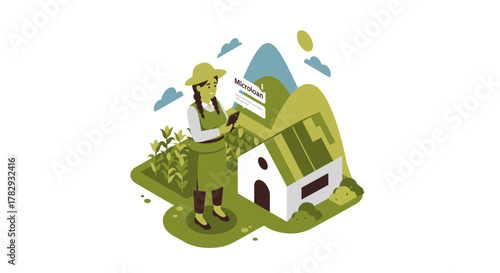 Farmer Using Tablet for Microloan Application Near Farmhouse Illustration