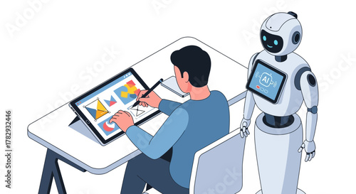 Human Collaborating with AI Robot on Tablet Modern Technology Illustration