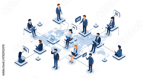 Isometric Business Professionals Connected Globally Sharing Information and Data