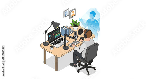 Podcast Setup with Host Microphone Laptop and Virtual Guest Illustration