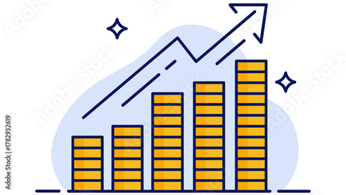 コインの金貨がきらきらと積み上がり、青い上昇線が描かれステーブルコインの成長、希望、繁栄を象徴