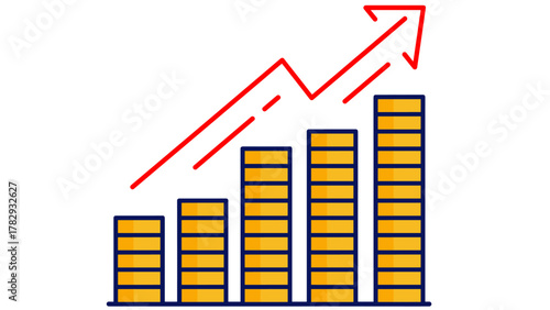 コインの金貨がきらきらと積み上がり、赤い上昇線が描かれステーブルコインの成長、希望、繁栄を象徴