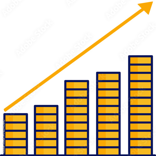 コインの金貨がきらきらと積み上がり、黄色い上昇線が描かれステーブルコインの成長、希望、繁栄を象徴