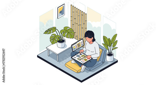 Woman working remotely with tablet and monitor in cozy stylized interior