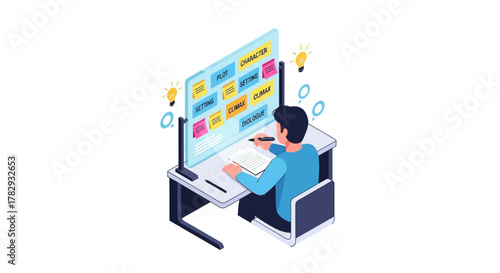 Writer Composing Story Elements on a Futuristic Digital Screen