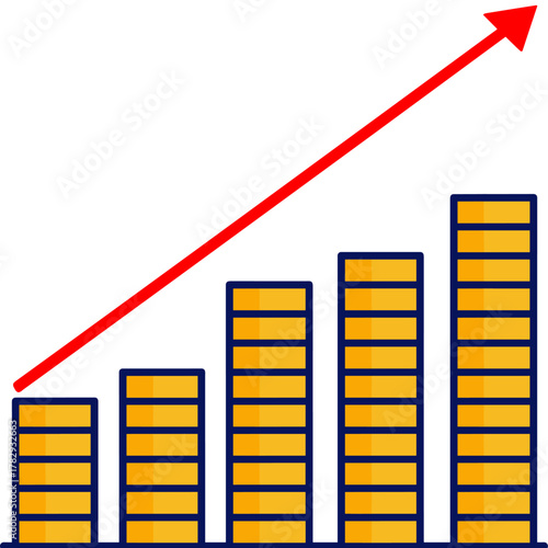コインの金貨がきらきらと積み上がり、赤い上昇線が描かれステーブルコインの成長、希望、繁栄を象徴